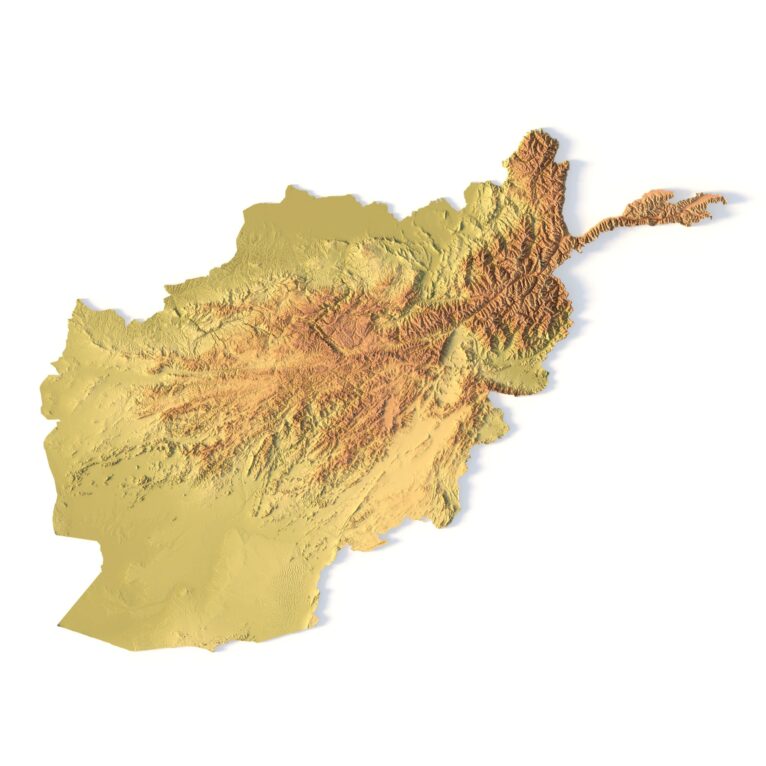 Afghanistan terrain map 3D printed in white plastic, showing elevation details
