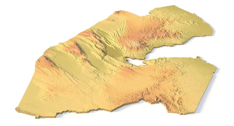 Isometric view of Djibouti’s 3D terrain STL map