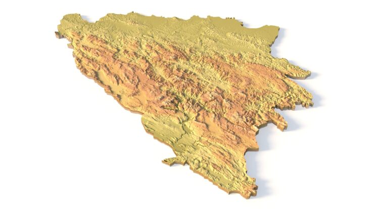 Isometric view of Bosnia’s 3D terrain STL map
