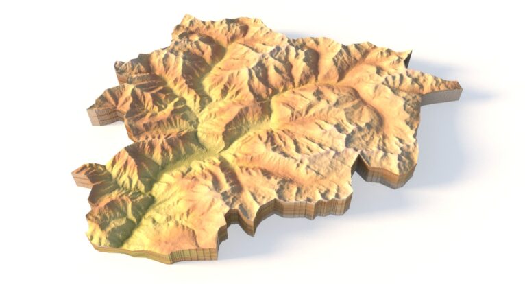 Elevation-based terrain surface of Andorra in 3D format