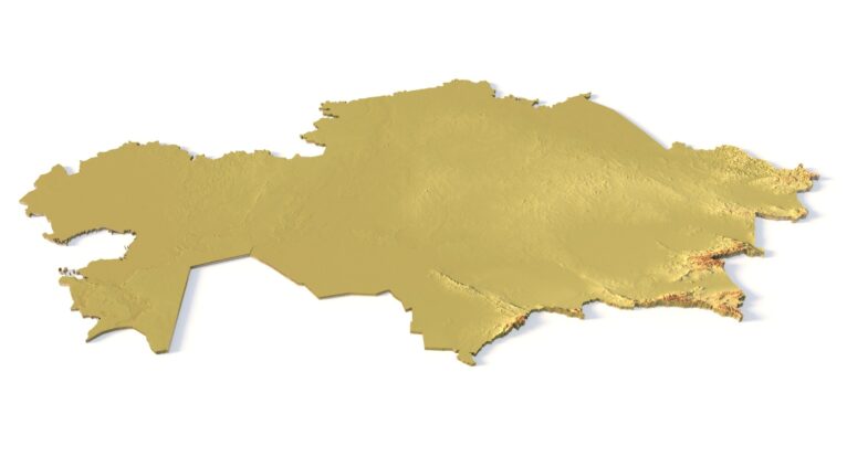 Isometric view of Kazakhstan’s 3D terrain STL map