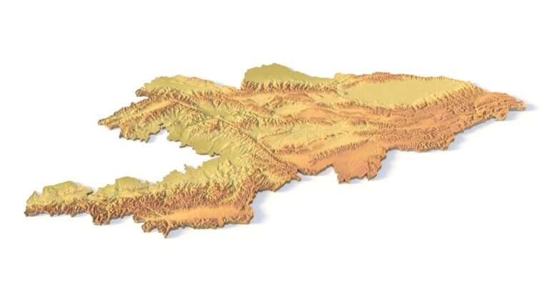 Isometric view of Kyrgyzstan’s 3D terrain STL map