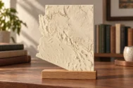 AI-generated concept of an ivory Arizona terrain relief on a separate wooden desk stand.