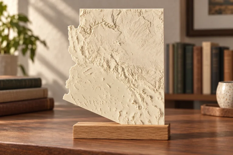 AI-generated concept of an ivory Arizona terrain relief on a separate wooden desk stand.