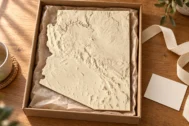 AI-generated concept of an Arizona terrain relief in a kraft gift box with ribbon.
