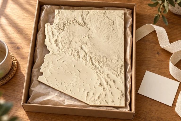AI-generated concept of an Arizona terrain relief in a kraft gift box with ribbon.