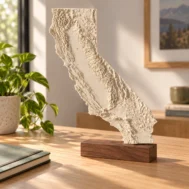 AI-generated concept of an ivory California terrain relief on a separate walnut desk stand.