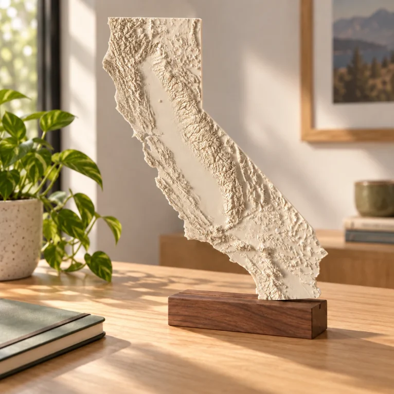 AI-generated concept of an ivory California terrain relief on a separate walnut desk stand.