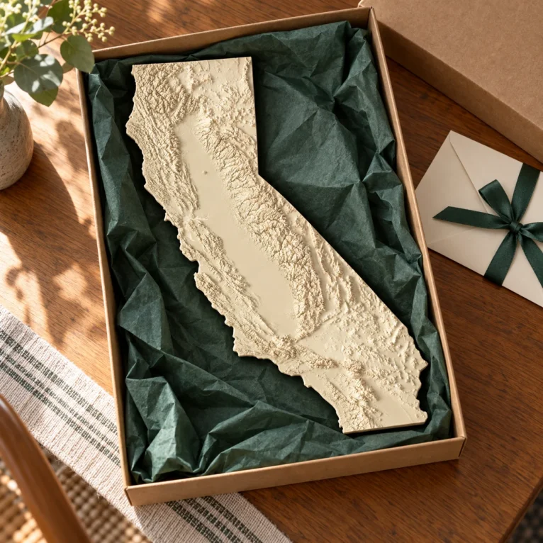 AI-generated concept of a California terrain relief in a kraft gift box with green tissue paper.