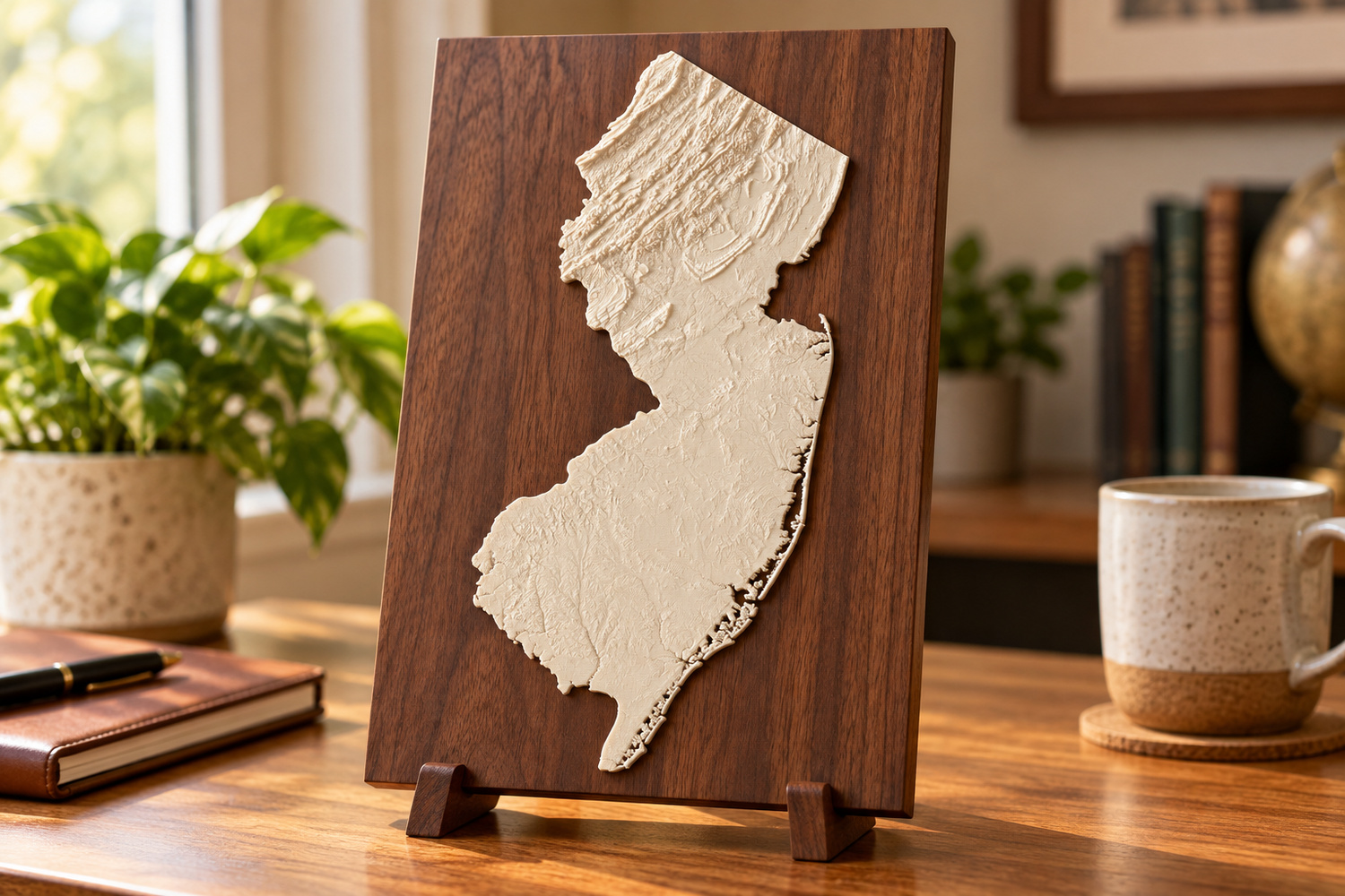AI-generated concept of an ivory-coloured 3D-printed plastic New Jersey terrain relief fully supported on a solid walnut desktop backing panel.