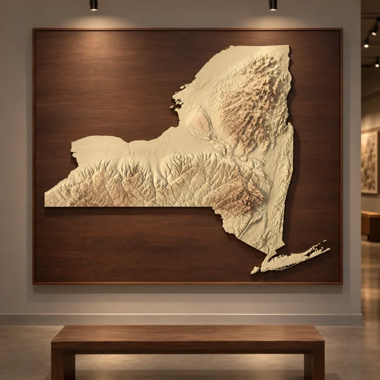 AI-generated commercial concept of a New York State terrain relief on a walnut panel in a museum gallery.
