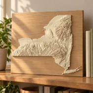 AI-generated concept of a New York State terrain relief on a separate oak backing panel on a home shelf.