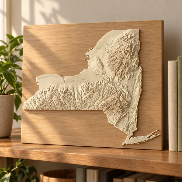 AI-generated concept of a New York State terrain relief on a separate oak backing panel on a home shelf.