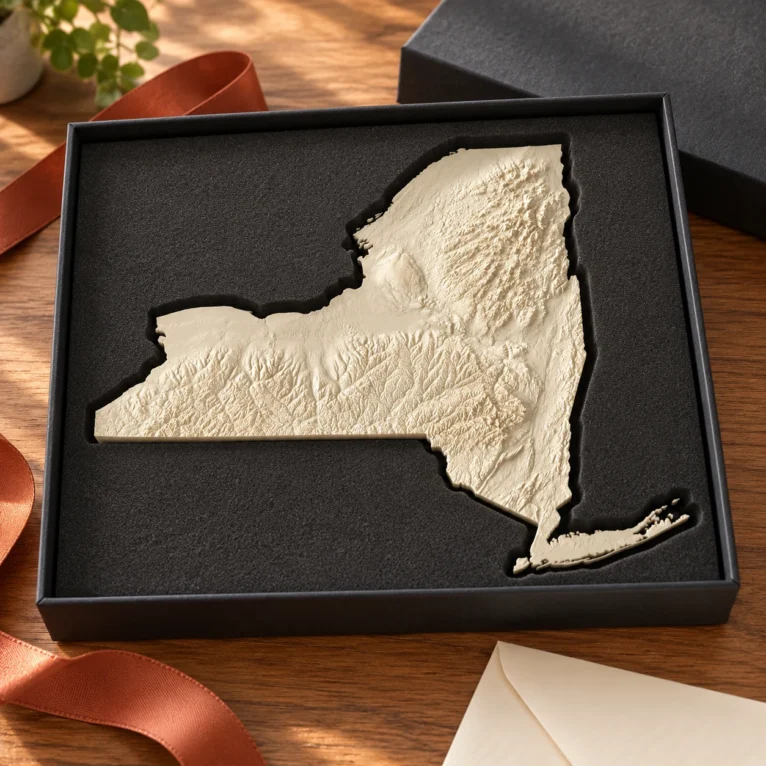 AI-generated concept of a New York State terrain relief in a dark gift box with fitted foam.