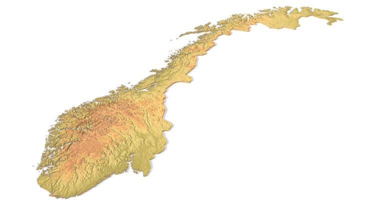 Isometric view of Norway’s 3D terrain STL map