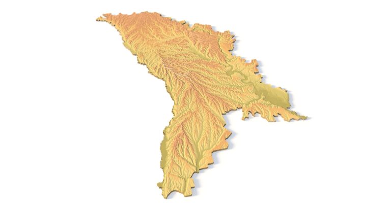Isometric view of Moldova’s 3D terrain STL map