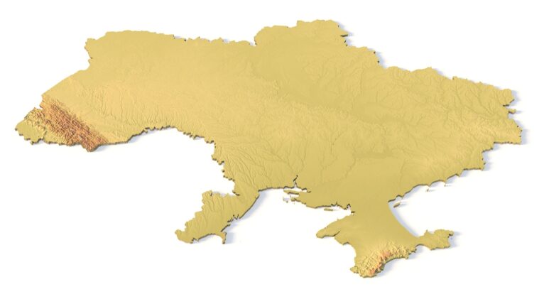 Isometric view of Ukraine’s 3D terrain STL map