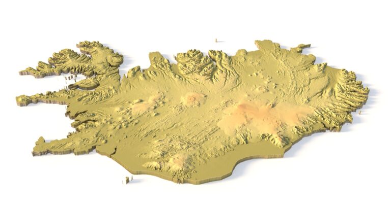 Isometric view of Iceland’s 3D terrain STL map