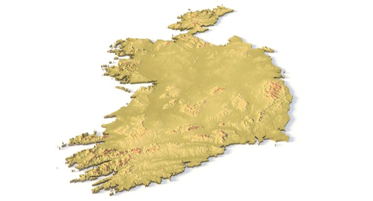 Isometric view of Ireland’s 3D terrain STL map