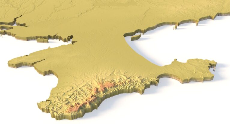 Side view of Ukraine’s detailed STL terrain model