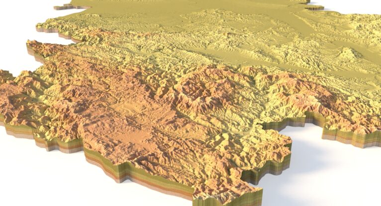 Side view of Serbia’s detailed STL terrain model
