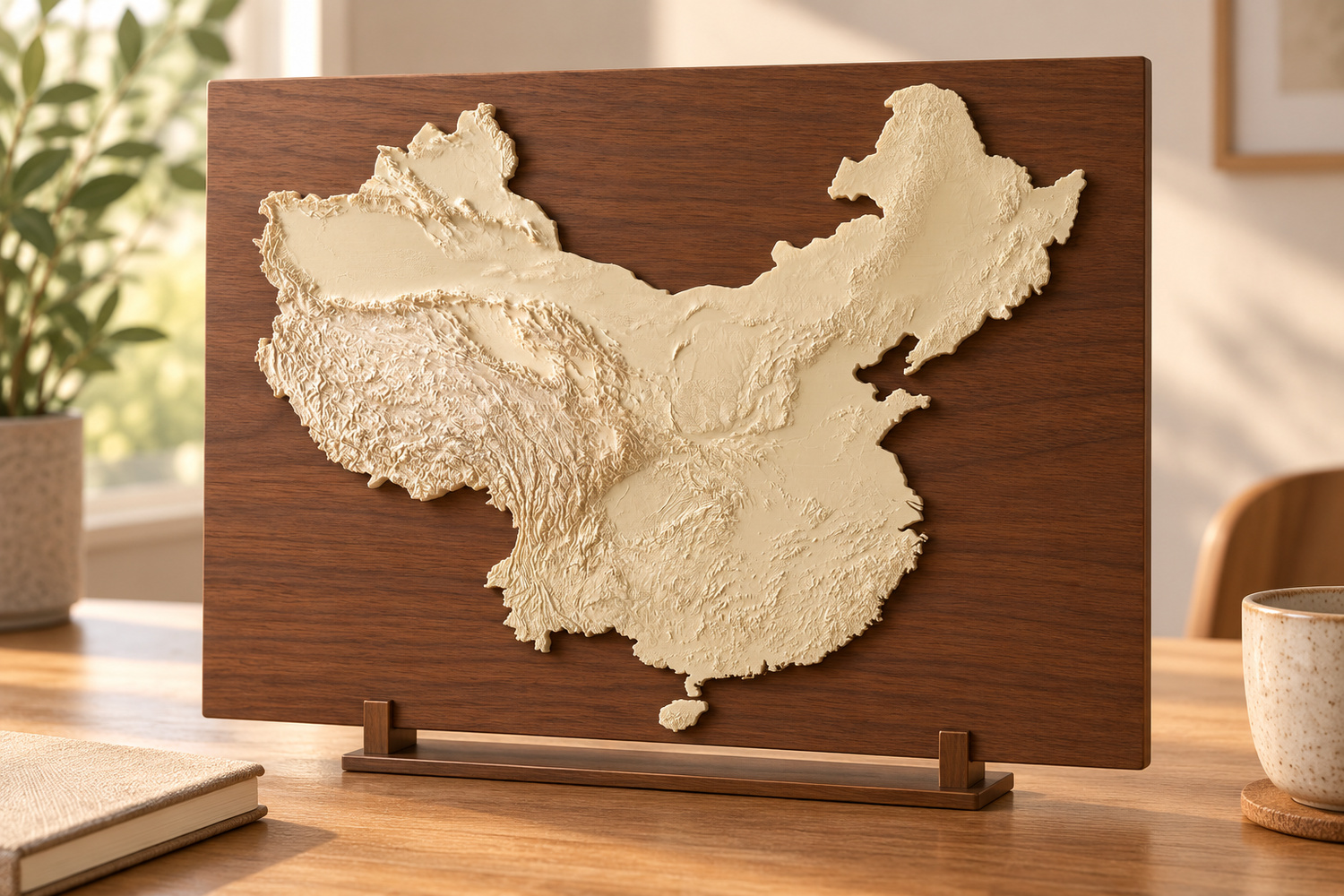 AI-generated concept of an ivory-coloured 3D-printed plastic China terrain relief on a separate walnut desktop stand.