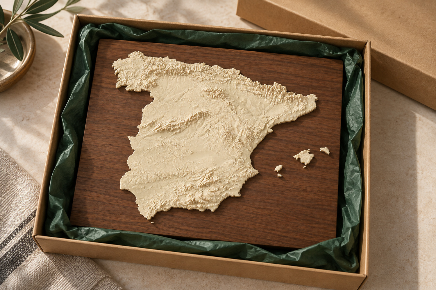 AI-generated concept of an ivory Spain terrain relief with additional support in a kraft gift box with forest-green tissue paper.