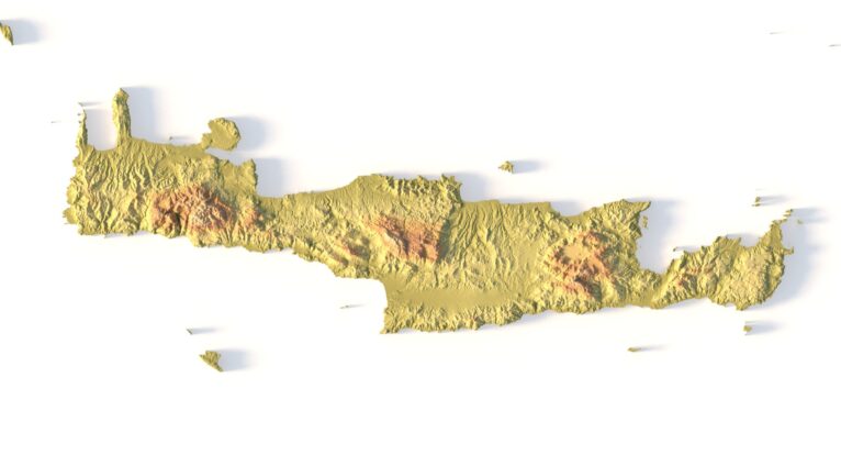 Close-up of Greek islands & mountains in STL model
