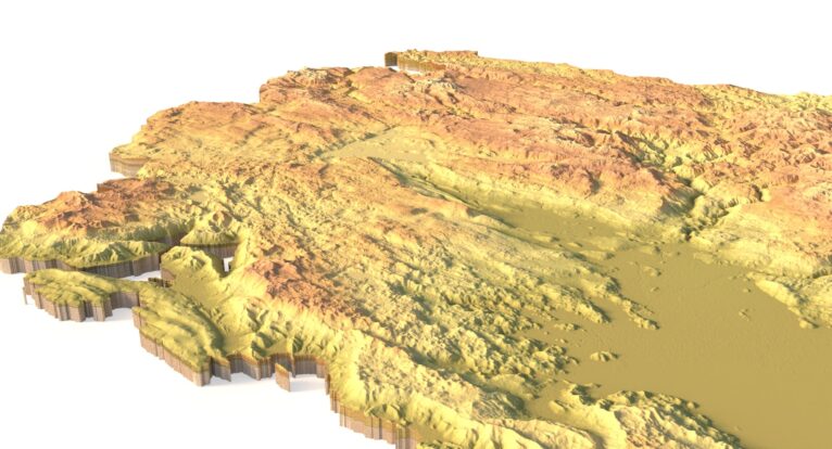 Isometric view of Montenegro’s 3D terrain STL map