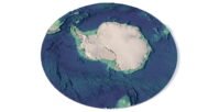 A topographic representation showing the glaciers and ice sheets in Antarctica's terrain.