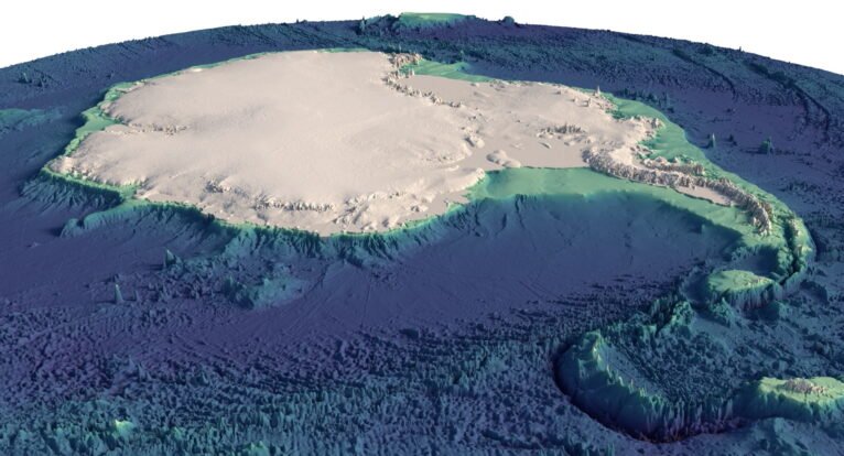 A high-resolution Antarctica terrain map displaying its unique topography and elevation changes.