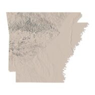 Topographic terrain model of Arkansas designed for 3D printing and CNC, showing elevation details.