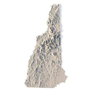 Topographic terrain model of New Hampshire for 3D printing and CNC, featuring detailed elevation features.