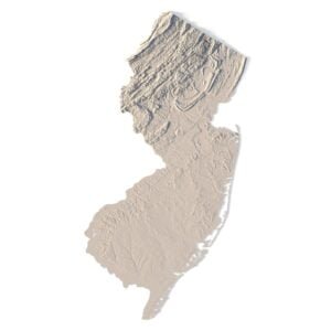 Topographic terrain model of New Jersey for 3D printing and CNC, featuring detailed elevation features.