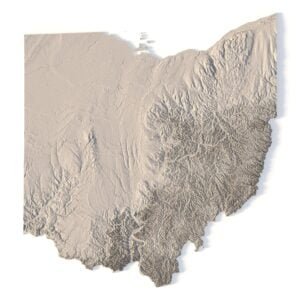 Topographic terrain model of Ohio for 3D printing and CNC, featuring detailed elevation features.