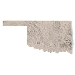 Topographic terrain model of Oklahoma for 3D printing and CNC, featuring detailed elevation features.