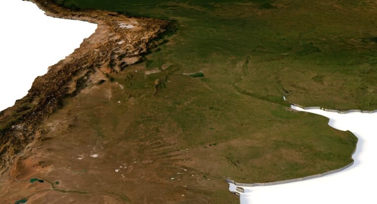 3D terrain visualization of South America with satellite texture