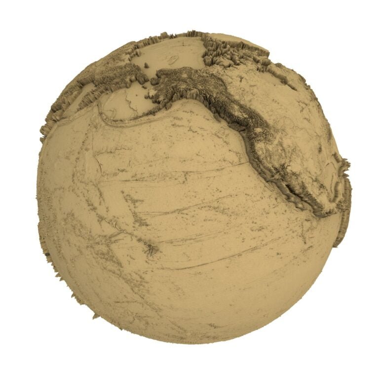 A close-up of a precision 3D printed Earth globe, showing intricate terrain details and accurate topographical features.