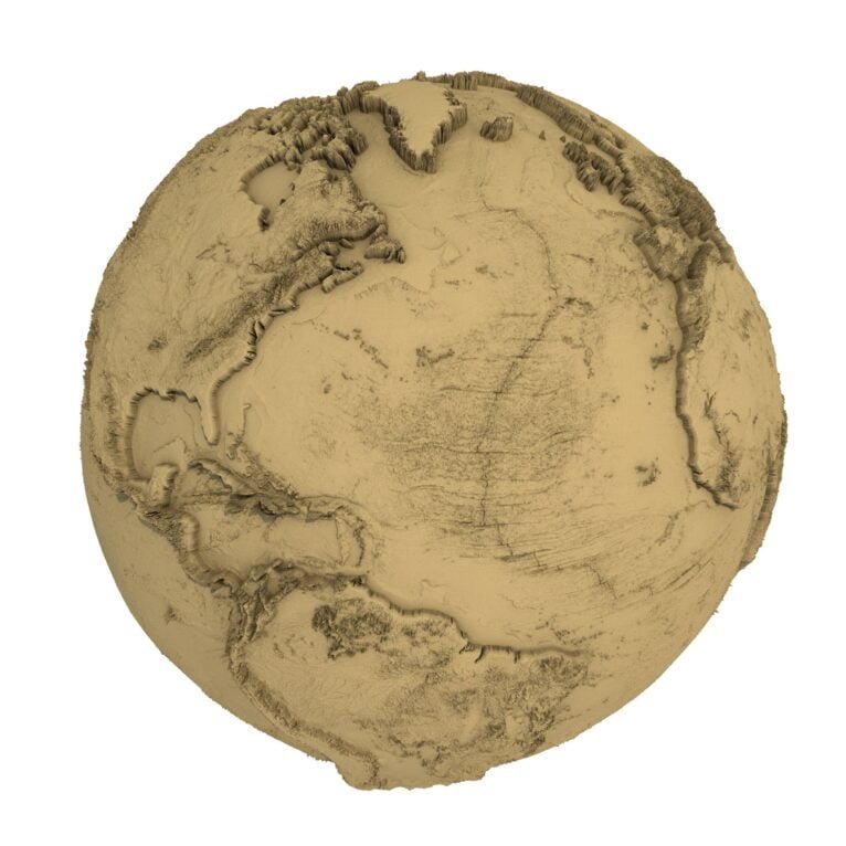 A digital globe in STL format, designed for CNC machining and 3D printing, showcasing Earth’s detailed terrain and landscape.