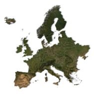 Detailed 3D relief map of Europe showing the Alps and Scandinavian Mountains