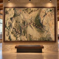 AI-generated commercial concept of a framed Grand Canyon terrain relief in a visitor-centre exhibition.
