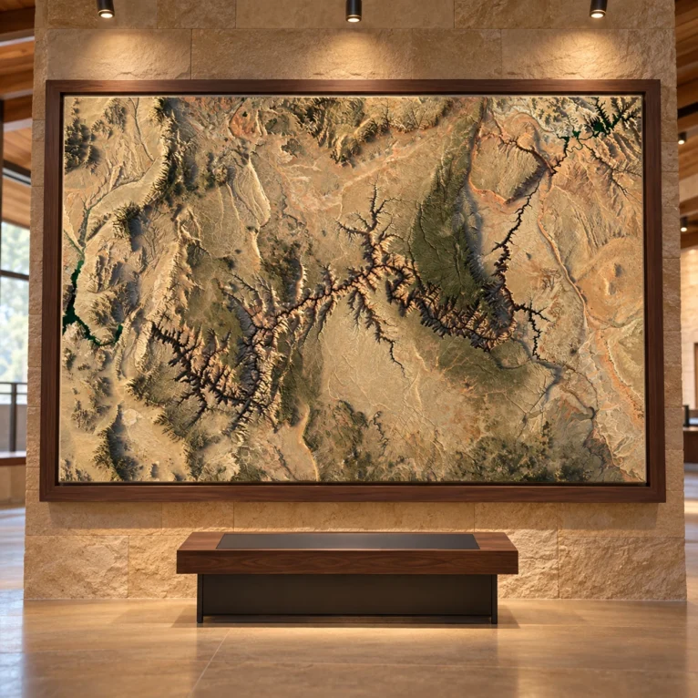 AI-generated commercial concept of a framed Grand Canyon terrain relief in a visitor-centre exhibition.