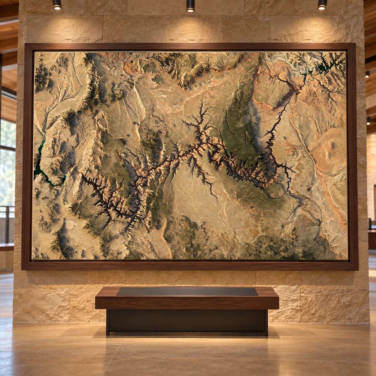 Grand Canyon Terrain — Commercial Display Concept AI-generated commercial concept of a framed Grand Canyon terrain relief in a visitor-centre exhibition.