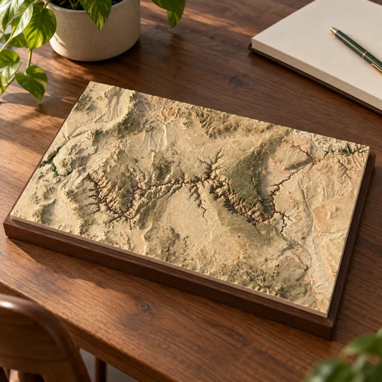AI-generated concept of a sandstone-coloured Grand Canyon terrain relief on a separate walnut display base.