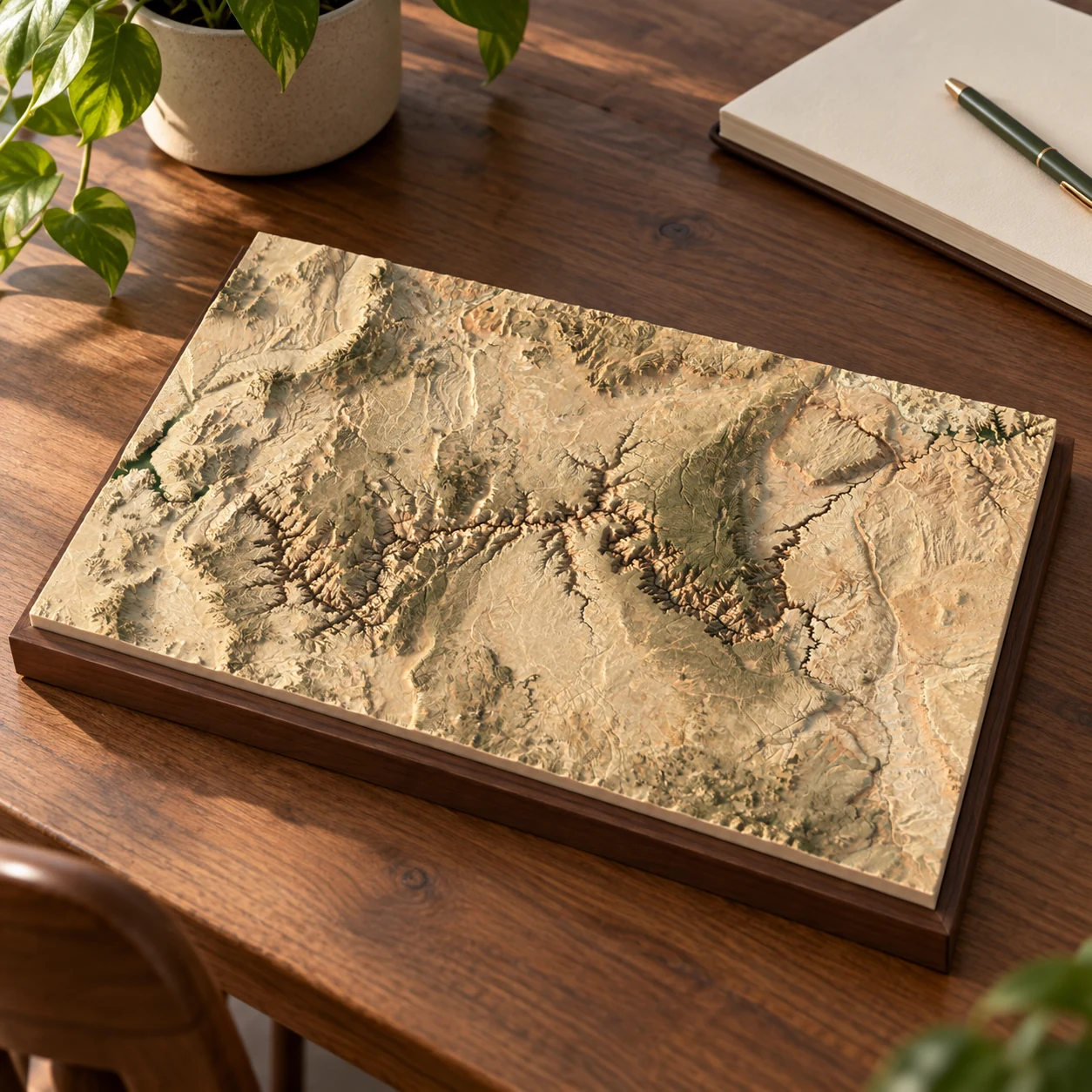 Grand Canyon Terrain — Home Display Concept AI-generated concept of a sandstone-coloured Grand Canyon terrain relief on a separate walnut display base.