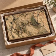 AI-generated concept of a Grand Canyon terrain relief and separate supporting base in gift packaging.