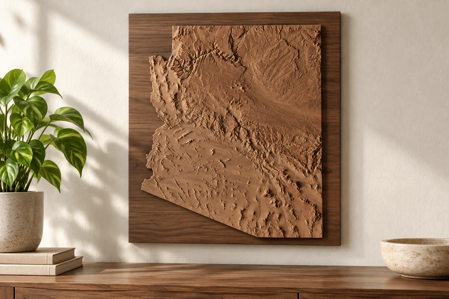 AI-generated concept of an Arizona terrain relief carved in walnut on a separate wooden wall backing.