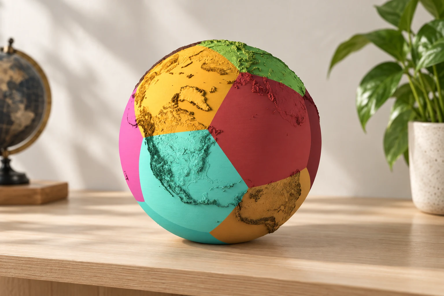 AI-generated concept of a spherical Earth relief globe assembled from colored curved sections on a shelf.