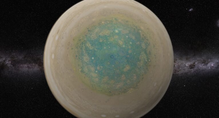 A top-down view of the Jupiter 3D model, highlighting the polar regions with minimal distortion due to advanced texturing.