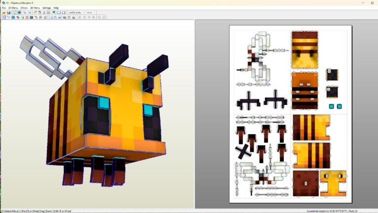 Printable paper craft template for creating a Minecraft bee model.